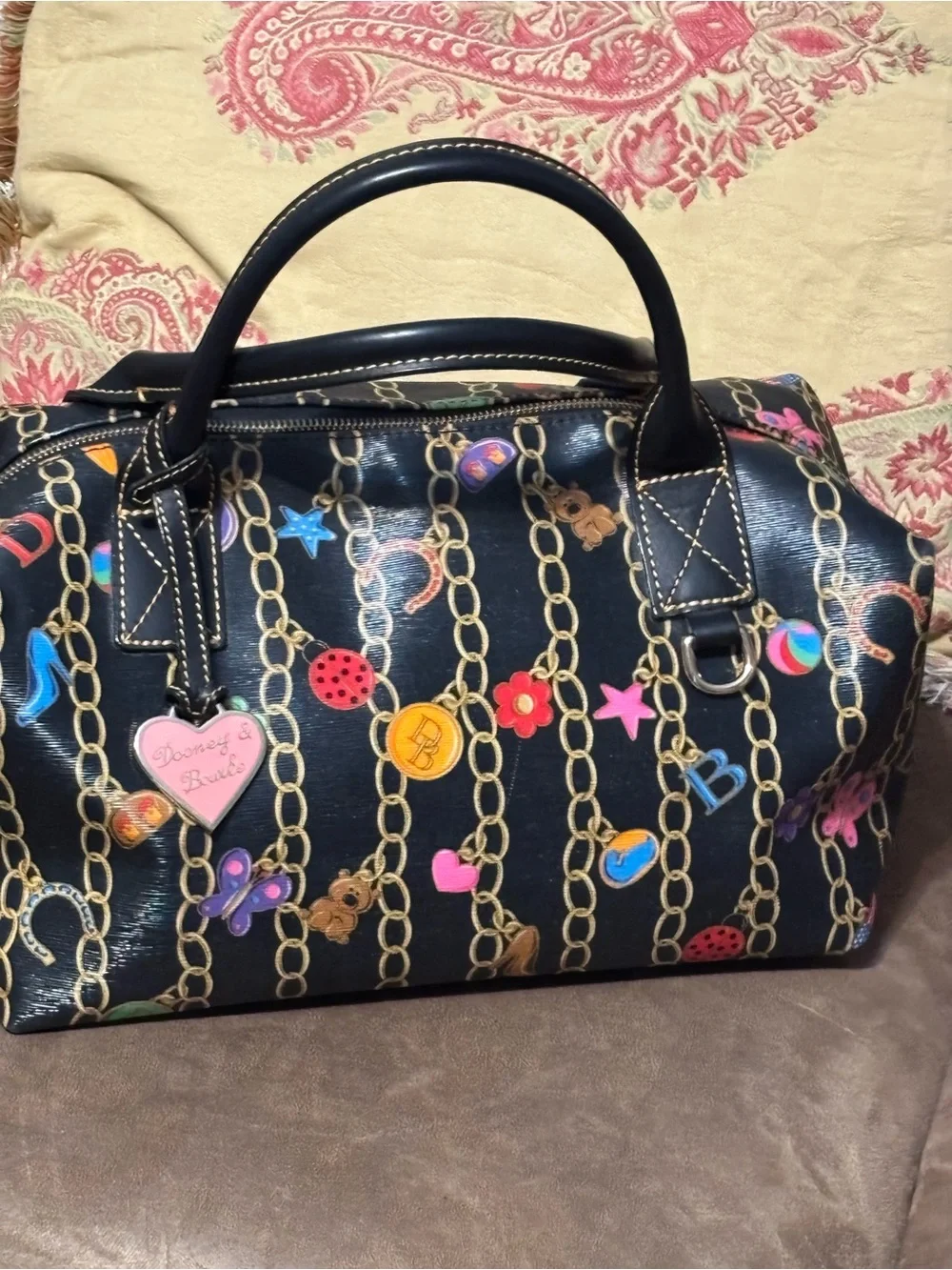 Dooney & Bourke Black Satchel with Multicolor Chain Charm Print